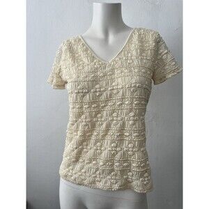 Vtg 90s Yellow Floral Cottagecore top PM popcorn Textured rustic western boho